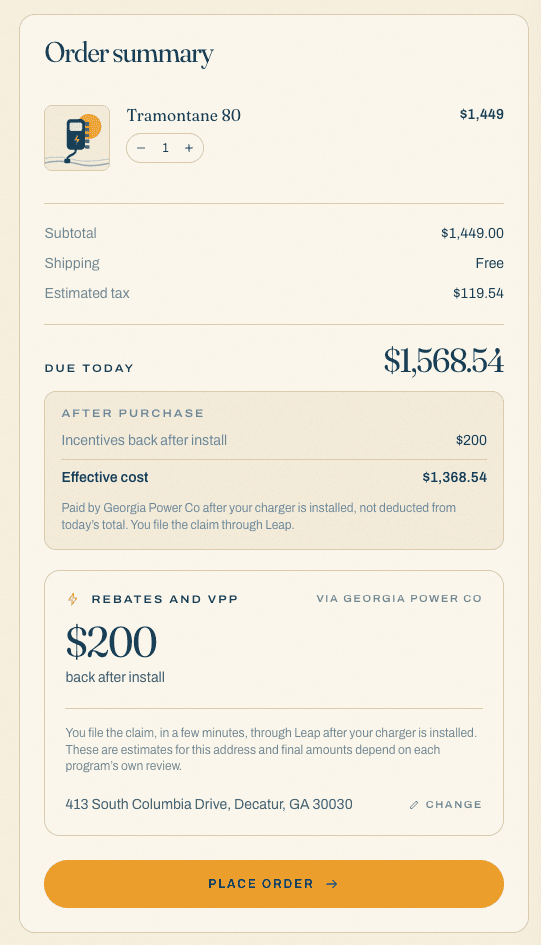 At checkout, the effective cost is stated alongside what is owed today.
