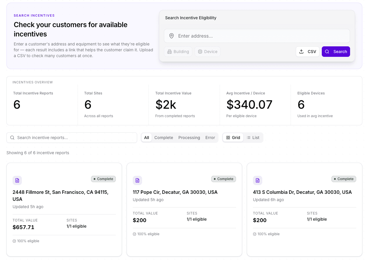 In the portal, a rep checks a single address or uploads a CSV to check a whole book of prospects.